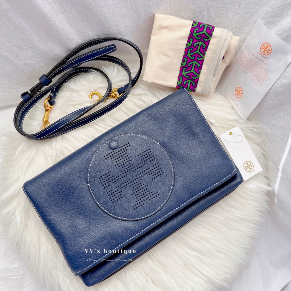 NWT Tory Burch Perforated Logo Fold-over Crossbody Clutch Royal Navy 36812 RARE